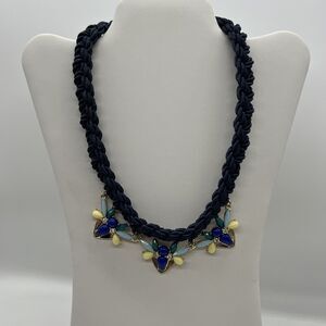Blue Braided Cord Fashion Necklace yellow blue beads rhinestones gold tones